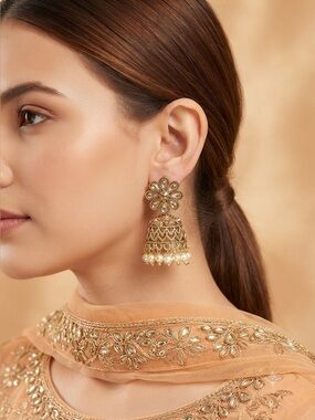 Gold Tone Kundan Jhumka Earrings | Traditional Indian Pearl Drop Bell Earrings